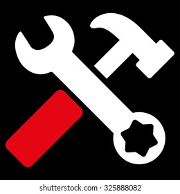 Hammer And Wrench vector icon. Style is bicolor flat symbol, red and white colors, rounded angles, black background.