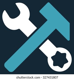 Hammer And Wrench vector icon. Style is bicolor flat symbol, blue and white colors, rounded angles, dark blue background.