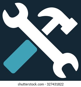 Hammer And Wrench vector icon. Style is bicolor flat symbol, blue and white colors, rounded angles, dark blue background.