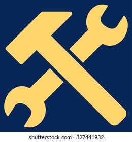Hammer And Wrench vector icon. Style is flat symbol, yellow color, rounded angles, blue background.