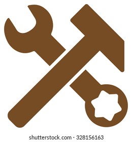 Hammer And Wrench vector icon. Style is flat symbol, brown color, rounded angles, white background.