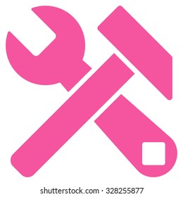 Hammer And Wrench vector icon. Style is flat symbol, pink color, rounded angles, white background.