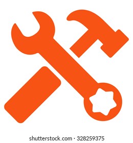 Hammer And Wrench vector icon. Style is flat symbol, orange color, rounded angles, white background.