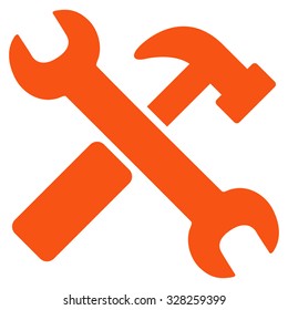 Hammer And Wrench vector icon. Style is flat symbol, orange color, rounded angles, white background.