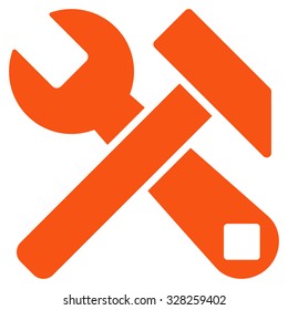 Hammer And Wrench vector icon. Style is flat symbol, orange color, rounded angles, white background.