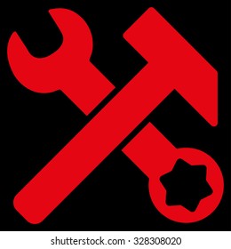 Hammer And Wrench vector icon. Style is flat symbol, red color, rounded angles, black background.