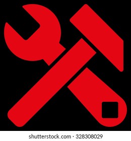 Hammer And Wrench vector icon. Style is flat symbol, red color, rounded angles, black background.