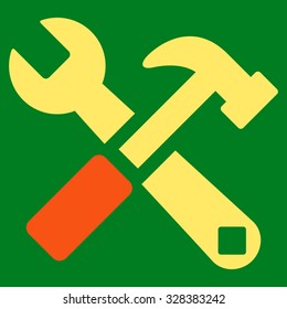 Hammer And Wrench vector icon. Style is bicolor flat symbol, orange and yellow colors, rounded angles, green background.