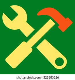 Hammer And Wrench vector icon. Style is bicolor flat symbol, orange and yellow colors, rounded angles, green background.
