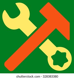 Hammer And Wrench vector icon. Style is bicolor flat symbol, orange and yellow colors, rounded angles, green background.