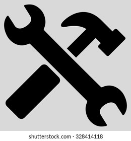 Hammer And Wrench vector icon. Style is flat symbol, black color, rounded angles, light gray background.
