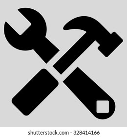 Hammer And Wrench vector icon. Style is flat symbol, black color, rounded angles, light gray background.