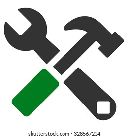 Hammer And Wrench vector icon. Style is bicolor flat symbol, green and gray colors, rounded angles, white background.