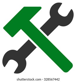 Hammer And Wrench vector icon. Style is bicolor flat symbol, green and gray colors, rounded angles, white background.