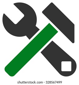 Hammer And Wrench vector icon. Style is bicolor flat symbol, green and gray colors, rounded angles, white background.
