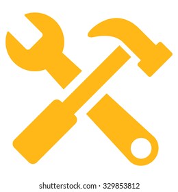Hammer And Wrench vector icon. Style is flat symbol, yellow color, rounded angles, white background.