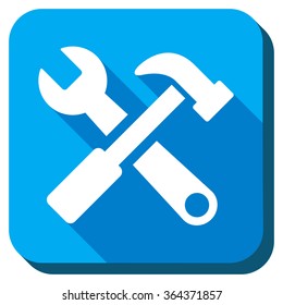 Hammer And Wrench vector icon. Style is rounded square light blue button with long shadows. Symbol color is white.