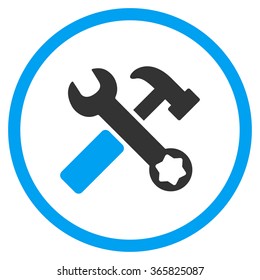 Hammer And Wrench vector icon. Style is bicolor flat circled symbol, blue and gray colors, rounded angles, white background.