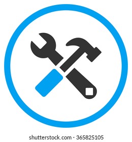 Hammer And Wrench vector icon. Style is bicolor flat circled symbol, blue and gray colors, rounded angles, white background.