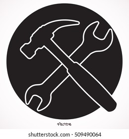 Hammer And Wrench vector icon. Style is bicolor flat circled symbol, blue and gray colors, rounded angles, white background.