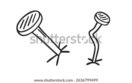 hammered nail doodle hand drawn icon. Outline drawing nail line clipart symbol. Vector illustration