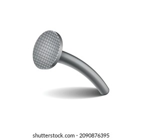 Hammered nail on surface. Iron, steel or silver pin head. Bent metal spike or hobnail with cap in cartoon style. Vector top view grey hardware for home construction, isolated on white background