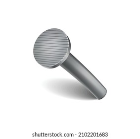 Hammered nail on surface. Iron, steel or silver pin head. Bent metal spike or hobnail with cap in cartoon style. Vector top view grey hardware for home construction, isolated on white background