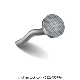 Hammered nail on surface. Iron, steel or silver pin head. Bent metal spike or hobnail with cap in cartoon style. Vector top view grey hardware for home construction, isolated on white background