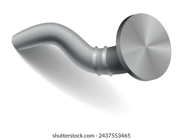 Hammered nail on surface. Iron, steel or silver pin head. Bent metal spike or hobnail with cap in cartoon style. Vector grey hardware for home construction, isolated on white background
