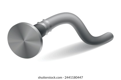 Clavo martillado en la superficie. Cabezal de hierro, acero o plata. Espiga o clavo de metal doblado con tapa en estilo de dibujos animados. Vector de hardware gris para la construcción del hogar, aislado sobre fondo blanco