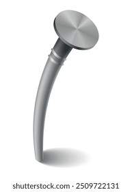 Clavo martillado en la superficie. Cabeza de pasador de hierro, acero o plata. Punta de metal doblada o clavo con tapa en estilo de dibujos animados. Hardware gris Vector para la construcción casera, aislado en el fondo blanco