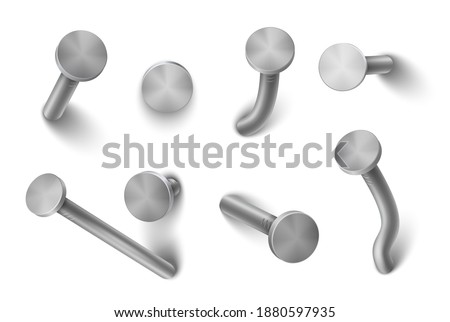 Hammered nails, realistic set of metal pins. Hardware and industrial steel symbol. Vector nails illustration on white background