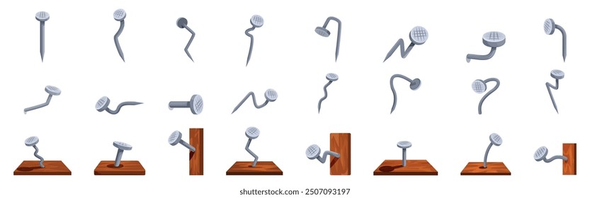 Hammered stainless nails icons set. Set of various steel nails bending in different directions, isolated on white background