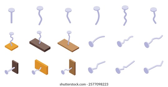 Hammered stainless nails icons set. Isometric nails icon set showcasing various nail types, including bent and straight nails, some embedded in wooden boards