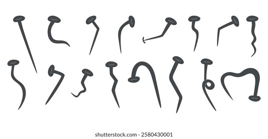 Hammered stainless nails icons set. Set of nails straight and curved into various abstract shapes. Vector illustration of a tool for nailing boards, large set