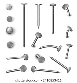 Hammered steel and iron curved nail pins and heads. Vector isolated straight and bent element for construction and building. Realistic metallic hardware and industrial equipment, top view