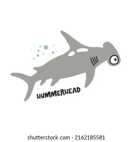 Hammerhead. Hand drawn vector cartoon illustration for kids. Amusing Sea Animal