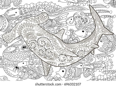 Hammerhead with high details. Adult antistress coloring page with shark. Black white hand drawn doodle oceanic animal for art therapy. Sketch for tattoo, poster, print, t-shirt in zentangle style.