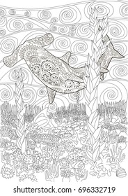 Hammerhead with high details. Adult antistress coloring page with shark. Black white hand drawn doodle oceanic animal for art therapy. Sketch for tattoo, poster, print, t-shirt in zentangle style.