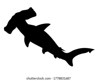 Hammerhead shark. Black and white hand drawn vector silhouette illustration.
