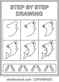 Hammerhead shark. Book page, drawing step by step. Black and white vector coloring page.