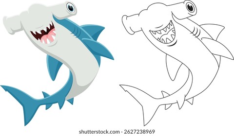 Hammerhead shark cartoon characters, Kids coloring page hand drawn