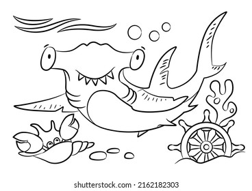 Hammerhead shark coloring page. Sea life illustration. Shark outline. Sea creatures drawing. Animals coloring page. Fish outline. 