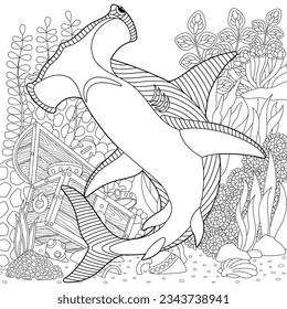 Hammerhead shark coloring page. Underwater colouring design.