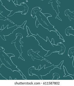 hammerhead shark contour seamless pattern on dark blue background