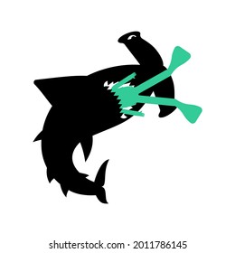 Hammerhead shark and diver. Marine predator ate frogman. Death of a diver by Fish hammer 