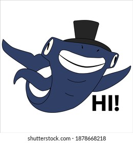 The hammerhead shark in the hat is smiling. Stock sticker with fish on white background. Illustration for labels, covers, postcards.