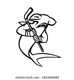 Hammerhead Shark With Ice Hockey Stick Mascot Black and White