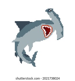 Hammerhead shark pixel art. 8 bit Fish hammer. marine predator vector illustration