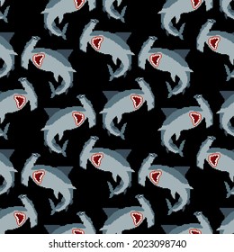 Hammerhead shark pixel art pattern seamless. 8 bit Fish hammer background. marine predator vector texture